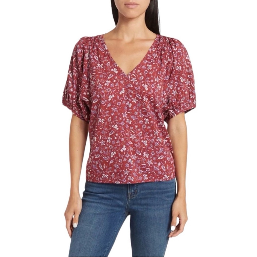 Madewell Floral V-Neck Puff Sleeve Top, size S
